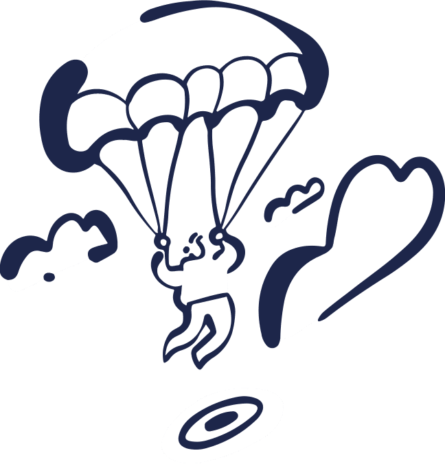 Illustration of a parachutist descending towards a target.