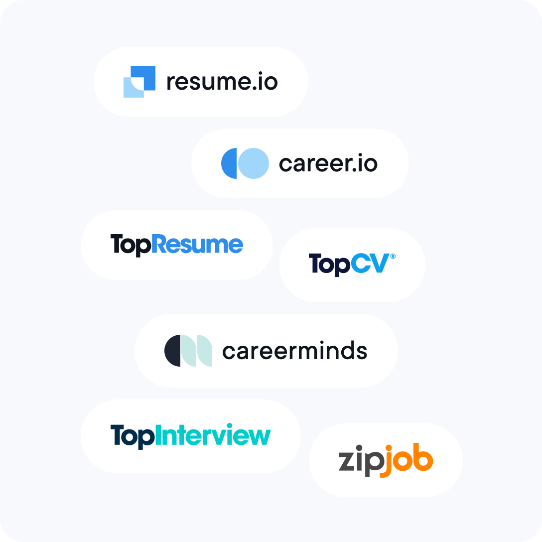 Logos of various career service companies, including resume.io, career.io, TopResume, TopCV, careerminds, TopInterview, and zipjob, displayed on a white background